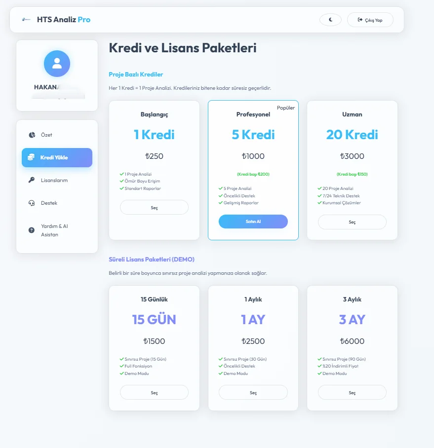 HTS Programı Kullanıcı Paneli Kredi İşlemleri