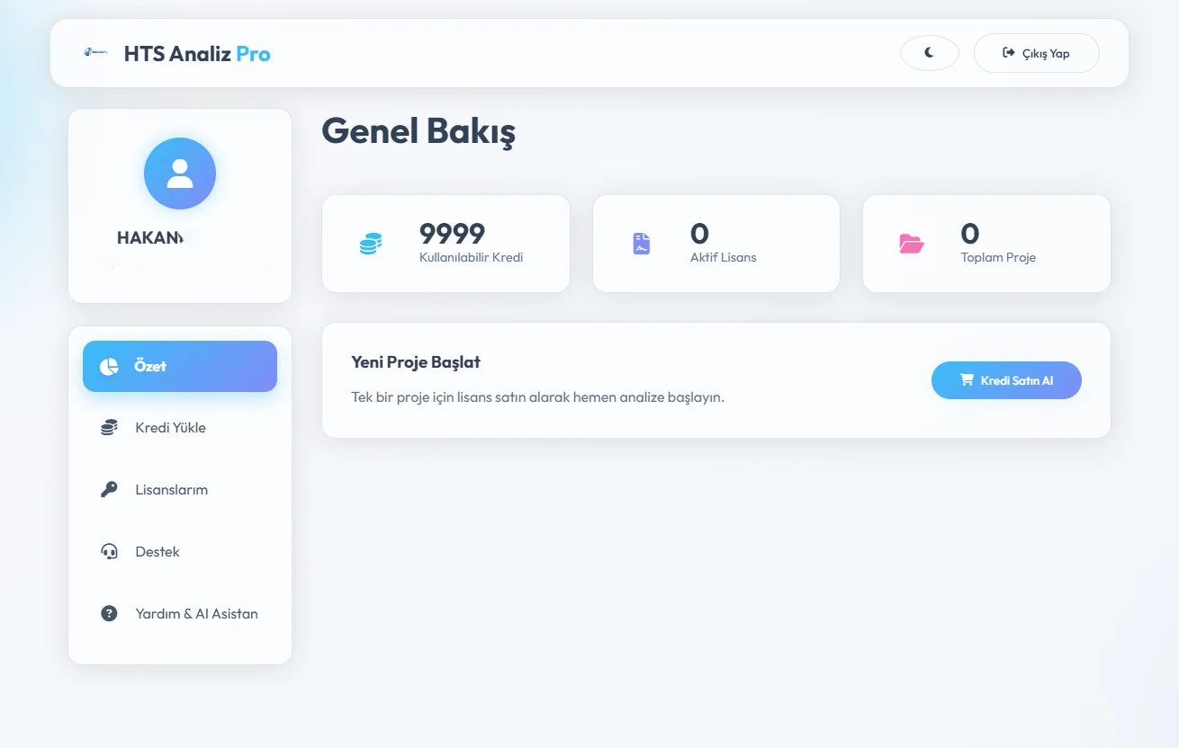 HTS Programı Kullanıcı Paneli Genel Görünüm